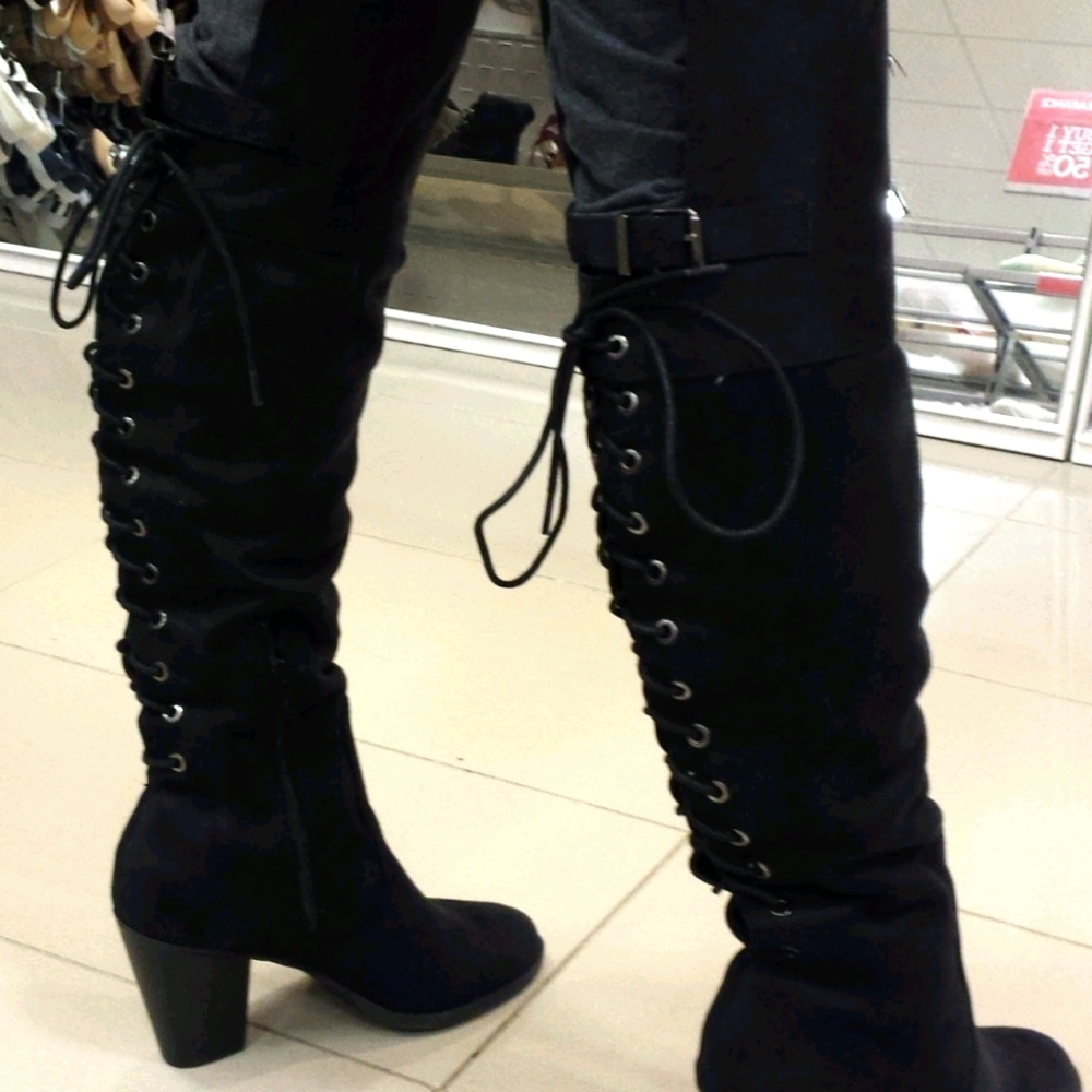 High, over-the-knee with tie string laces up the back suede boot